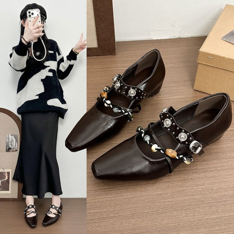 Street Fashion Style - ニューレトロ メリージェーンシューズ レディース スクエアトゥチャンキーヒールパンプス ラインストーン＆チェーン装飾 ファッション