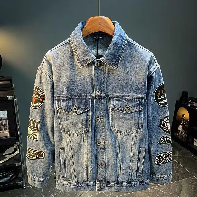Street Fashion Jacket Men - 男性ハイストリート刺繍パッチデニムジャケット特大春秋カジュアルジャケットコートファッションレトロスタイル作業着トップ