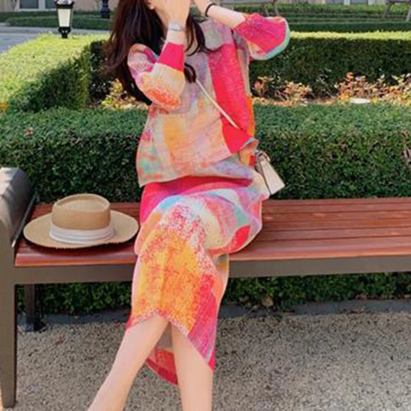 Street Fashion High End - 2023年秋、春、夏に着用可能な高級プリーツ加工のゆったりとしたファッションハイストリートプリントセット