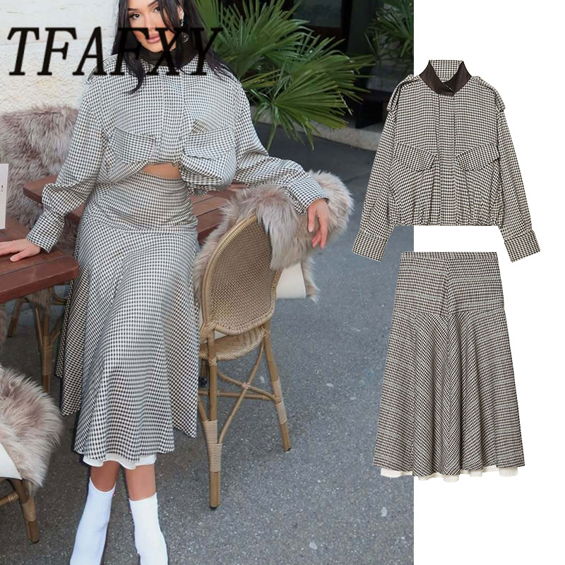 Street Fashion Jacket - TFAFXY2026 春カジュアルシックな女性チェックスタンドカラーシングルブレストジッパーポケットジャケットミディスカート新しいファッションストリートセット