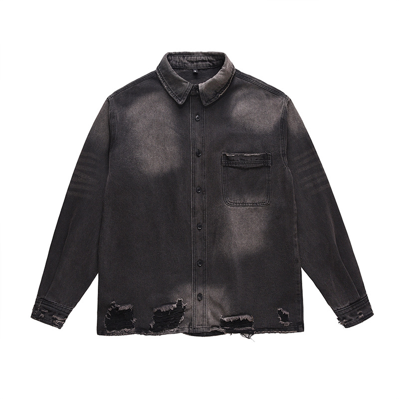 Street Fashion Jacket - メンズハイストリートリップドジーンズジャケットファッションストリートウェアウォッシュドヴィンテージルーズフィットY2Kダメージ加工デニムトラッカーコートアウターウェア