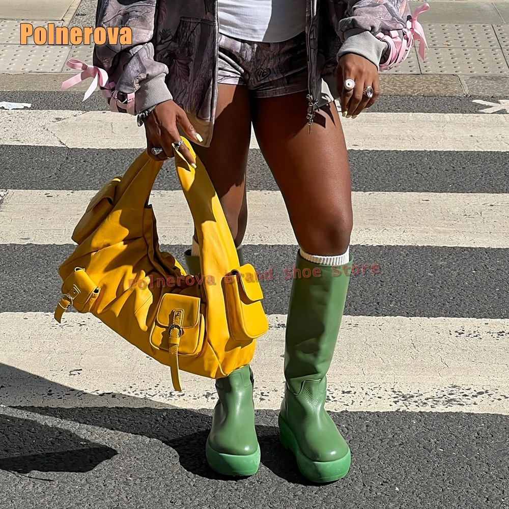 Street Fashion Trends - レディースセクシーファッションシューズ 冬トレンド グリーン プラットフォーム ニーハイブーツ 2025