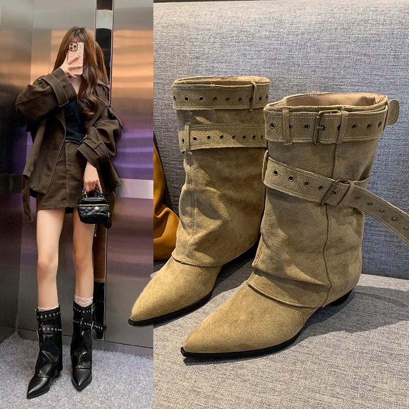 Street Fashion Trends - 2025年 ポインテッドトゥ レディース ウィンターブーツ デザイナー ミドルヒール
