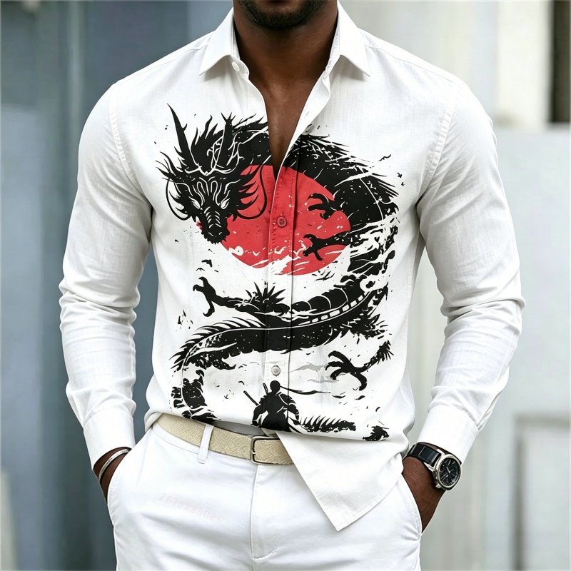 Street Fashion Style - 2026年新作 メンズシャツ 白黒赤のコントラスト ドラゴン柄シャツ ストリートスタイル ファッション