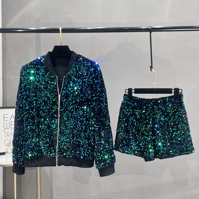 Street Fashion Jacket - プレミアムスパンコールコートレディーススーツジャケットジッパートップ野球ユニフォームカジュアル多用途で薄いツーピースレディースファッション