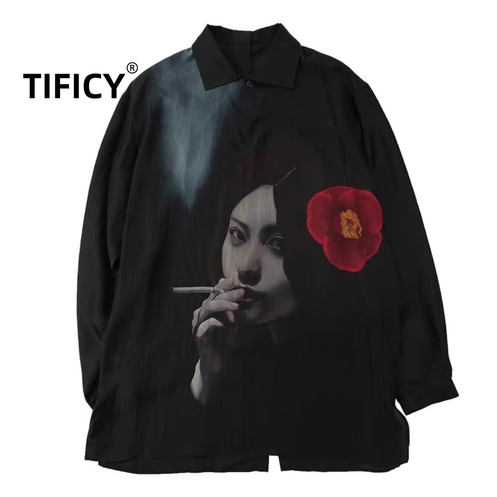 Street Fashion High End - ハイストリートダークブラックスタイルファッションシャツメンズハイエンドユニセックスルーズカジュアルパーティーシャツトップストリート男性服