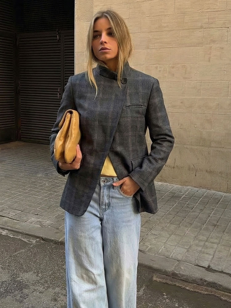 Street Fashion Jacket Men - HH 2026 春ブレザー女性のためのファッションチェック柄スーツコートスタンドカラーシングルボタン長袖ジャケット女性のファッションストリートウェア