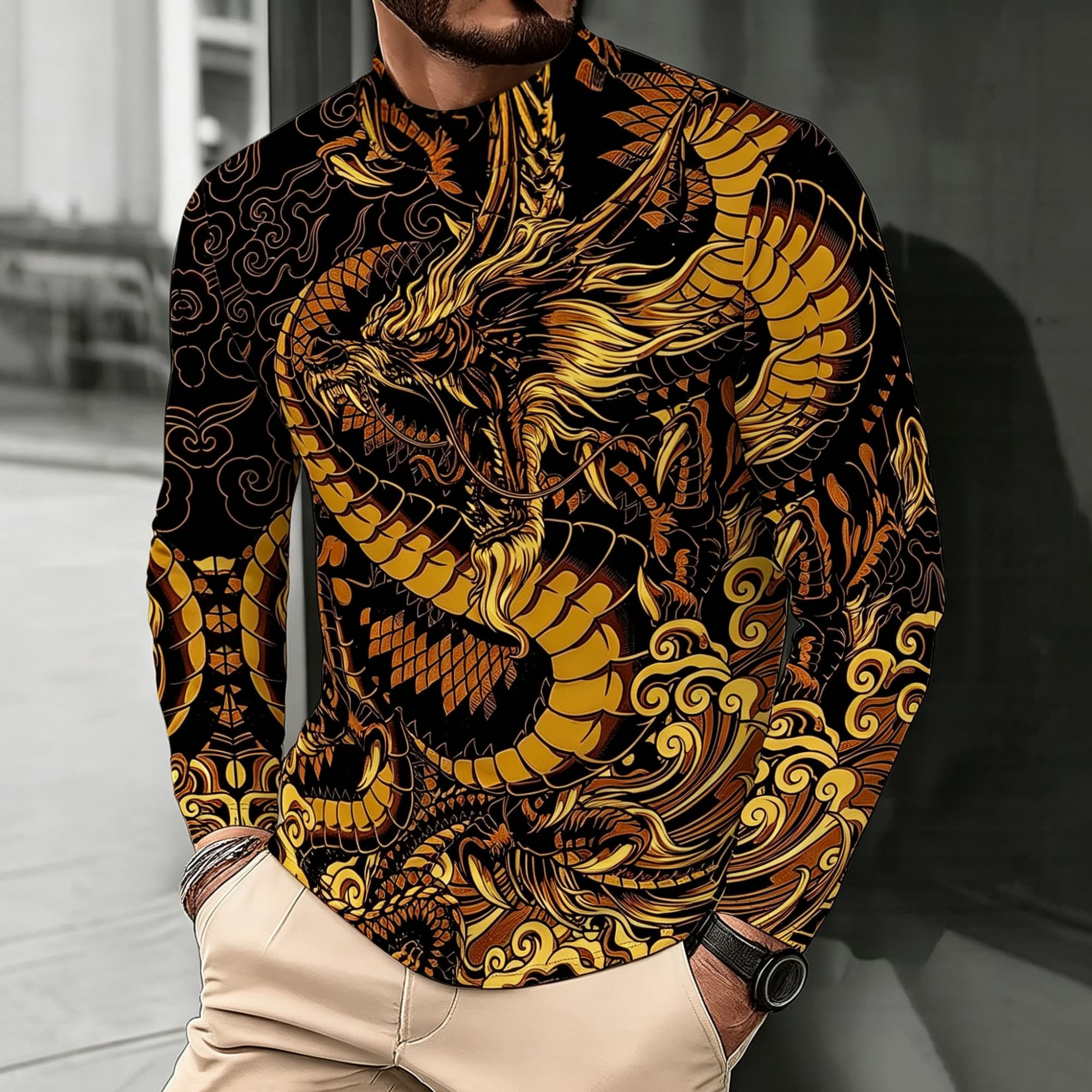 Street Fashion Asian Men - メンズモックネック長袖トップス、大胆なオリエンタル風金龍雲柄プリント、伝統的なアジア芸術ストリートファッションTシャツ