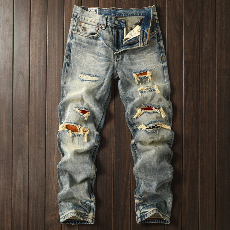 Street Fashion High End - 2026年新作ヘビーウェイトリップドジーンズメンズハイエンドアメリカンストリートヴィンテージウォッシュドレトロファッションデニムパンツ