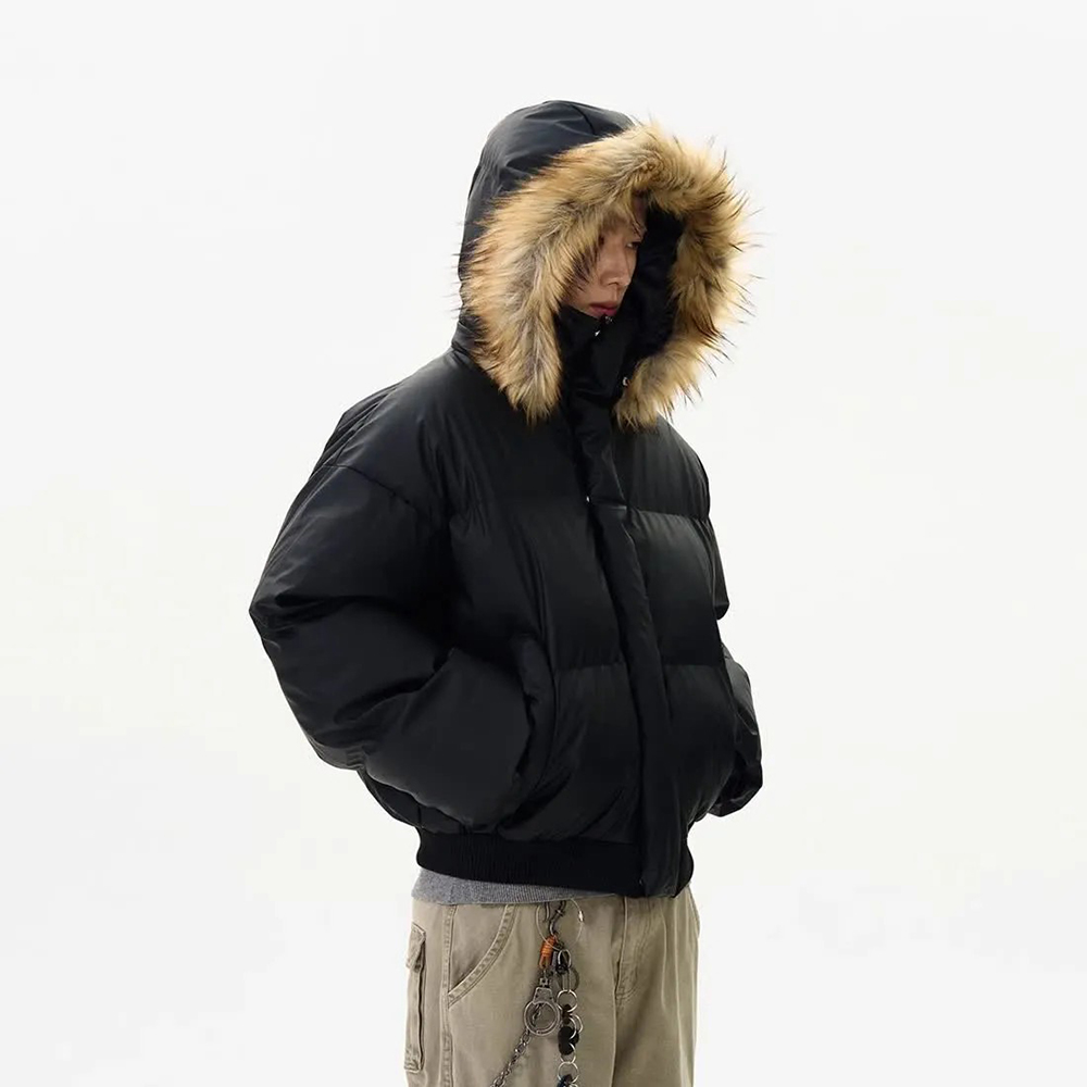 Street Fashion High End - メンズフード付きPUレザージャケット,取り外し可能なファーカラー,コットン,ハイエンド,多用途,アメリカンファッション,冬,y2k