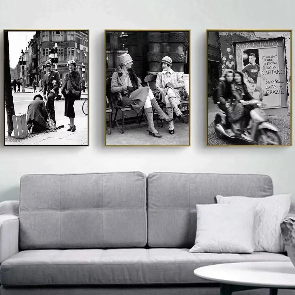 Street Fashion Paris - ファッション黒と白のヴィンテージ写真プリントイタリアパリストリートポスター壁アートキャンバス絵画写真リビングルームの装飾