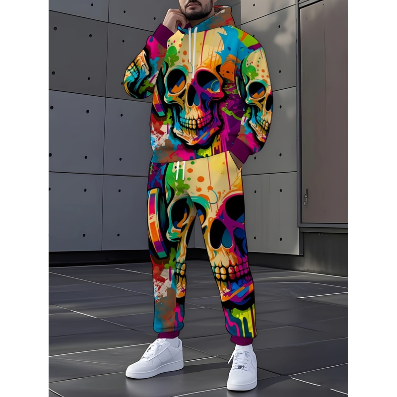 Street Fashion Style - ファッショナブルなスケルトン柄セット、ファッショナブルなプリントのツーピースセット、メンズストリートスタイルの衣料、快適でファッショナブルなフォーマルウェア