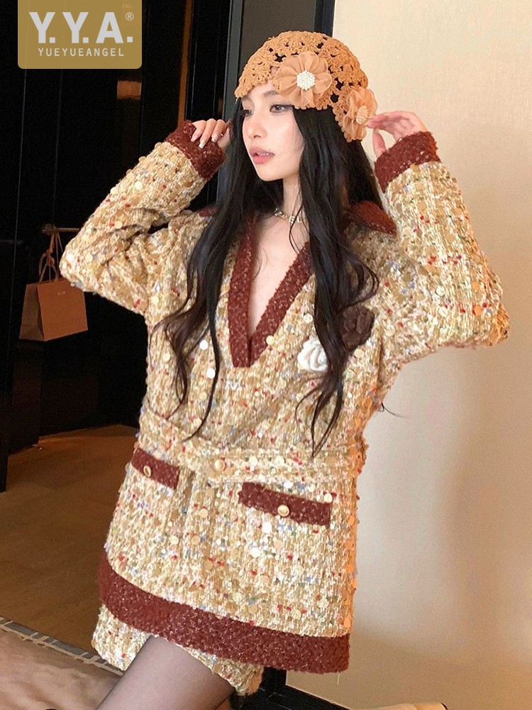 Street Fashion Jacket - ファッション女性用新作秋冬スイートVネック切り替えシングルブレストツイード長袖ジャケットショートパンツオフィスレディースツーピースセット