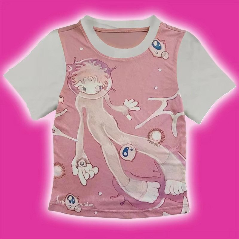 Street Fashion China Beautiful Girls - Y2K 人格美しい夏の Tシャツファッションカジュアル漫画ストリートファッションレトロラウンドネック半袖シャツかわいいガールトップ