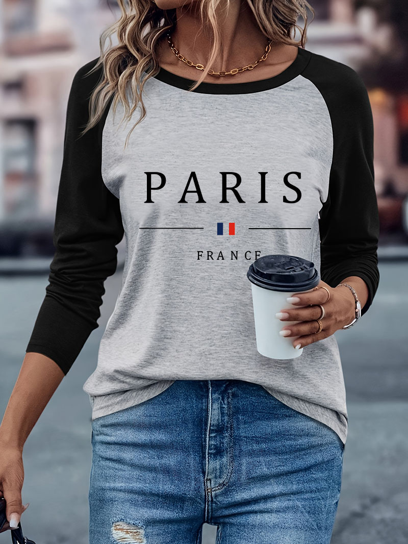 Street Fashion Paris - ファッションパリ レタープリント カジュアル 長袖Tシャツ トレンドデザイン 秋冬