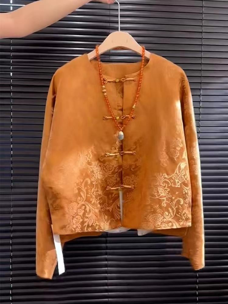 Street Fashion High End - 新しいハイエンドサテンオレンジ花柄刺繍ソンジントップ中国風ストリートファッション女性の漢服ストレートチューブレギュラー丈
