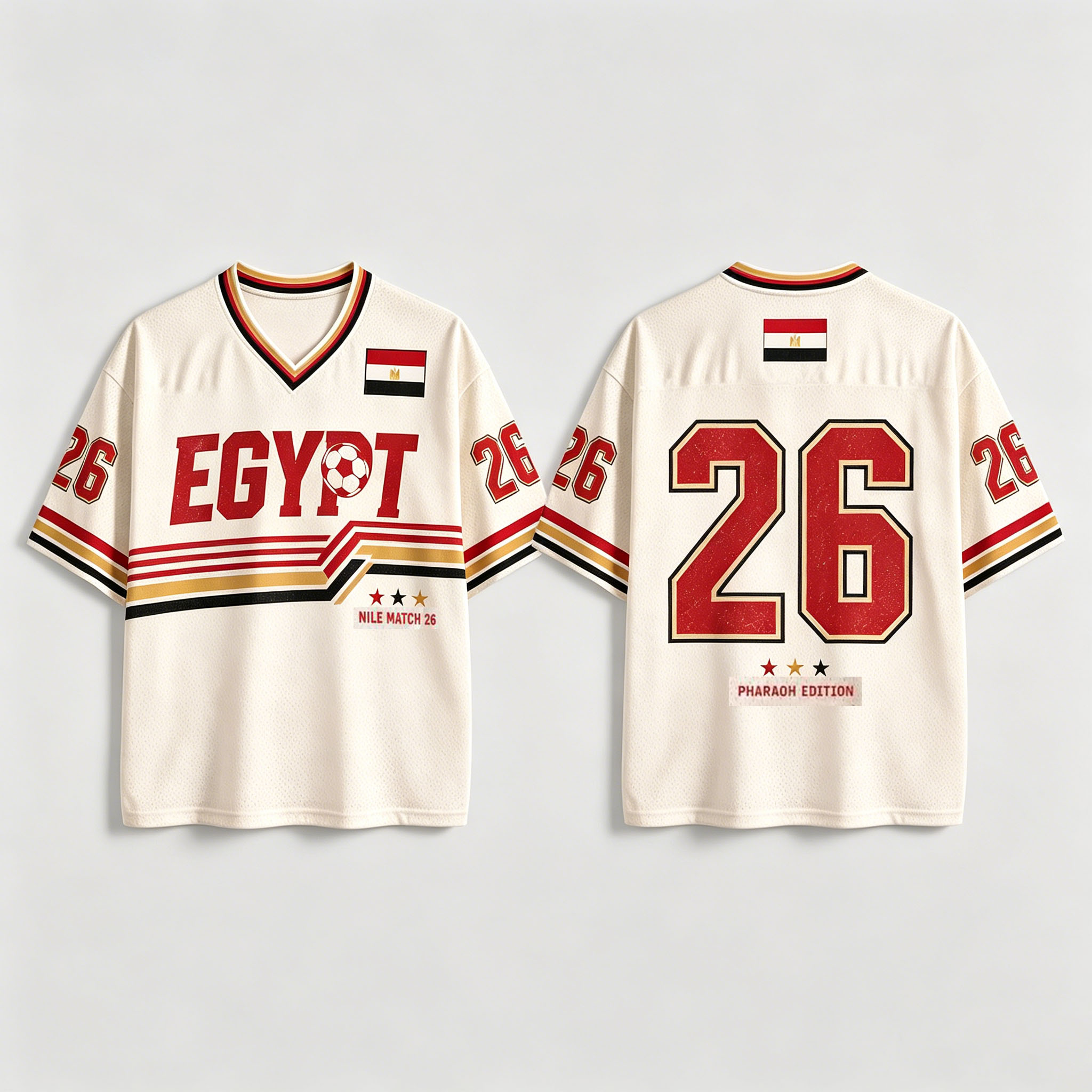 Street Fashion Egypt - 2026年エジプト代表レトロVネックサッカーTシャツスポーツストリートスタイルレトロファッション通気性速乾