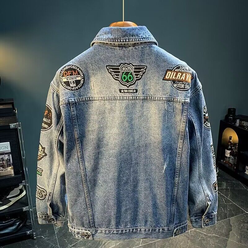 男性ハイストリート刺繍パッチデニムジャケット特大春秋カジュア - Street Fashion Jacket Men のレビューと価格