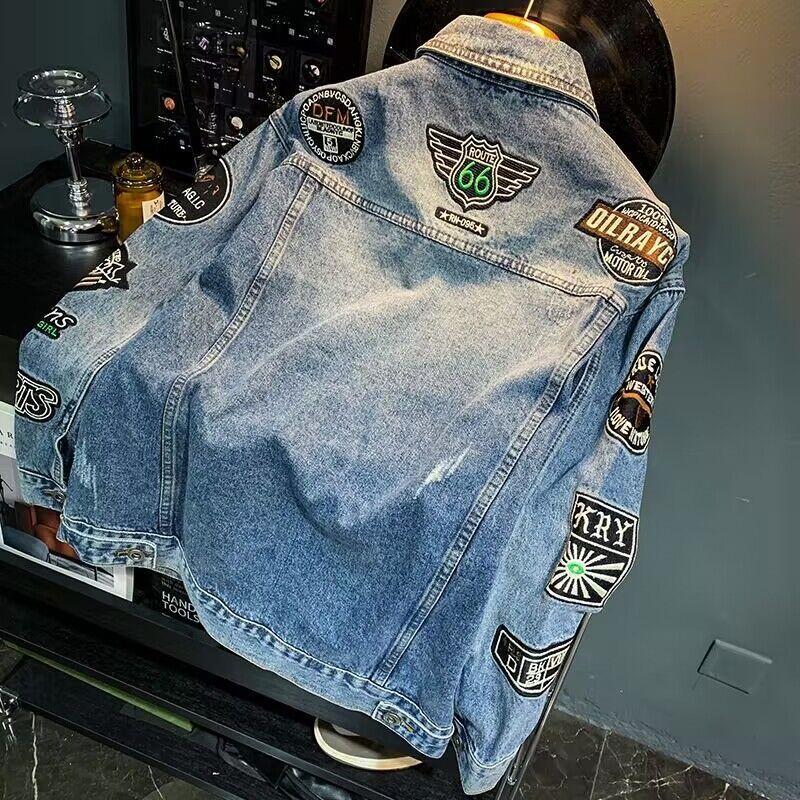 男性ハイストリート刺繍パッチデニムジャケット特大春秋カジュア - Street Fashion Jacket Men のレビューと価格