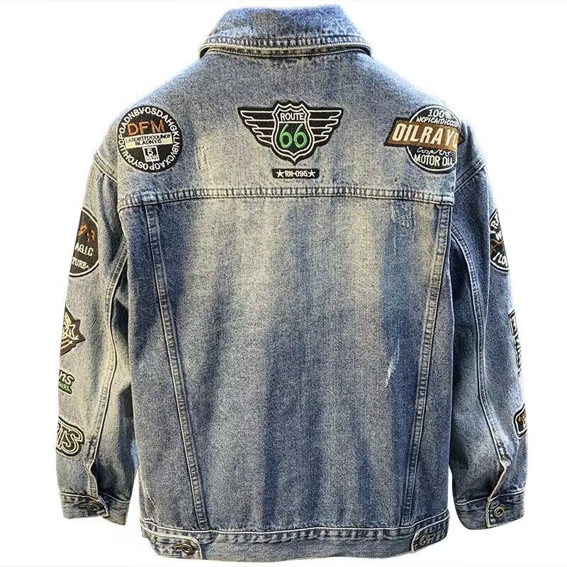 男性ハイストリート刺繍パッチデニムジャケット特大春秋カジュア - Street Fashion Jacket Men のレビューと価格
