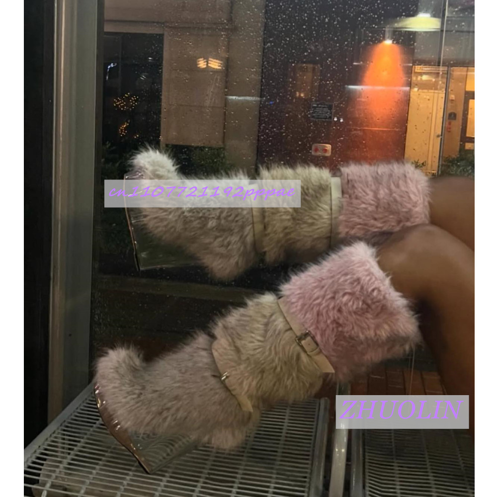 冬のグラデーション毛皮のような透明ウェッジブーツ女性の甘いベ - Street Fashion Trends のレビューと価格