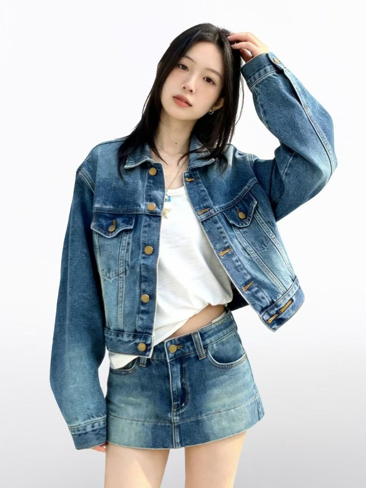 女性用アメリカンヴィンテージ2ピースデニムセット Y2Kデニ - Street Fashion Jacket のレビューと価格