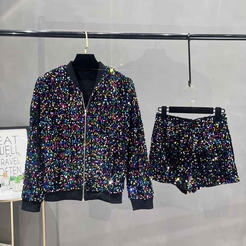 プレミアムスパンコールコートレディーススーツジャケットジッパ - Street Fashion Jacket のレビューと価格