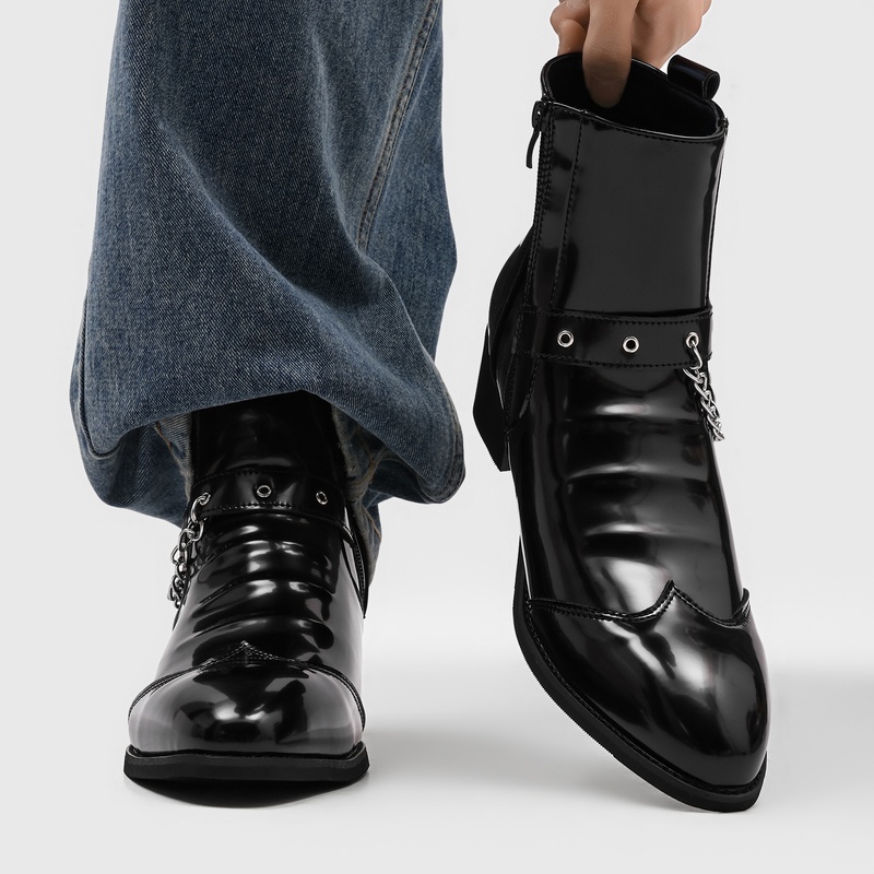 人気のメンズチェーンチェルシーブーツ、バックル装飾、プリーツ - Street Fashion High End のレビューと価格