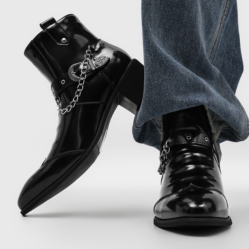 人気のメンズチェーンチェルシーブーツ、バックル装飾、プリーツ - Street Fashion High End のレビューと価格