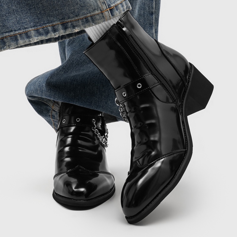 人気のメンズチェーンチェルシーブーツ、バックル装飾、プリーツ - Street Fashion High End のレビューと価格
