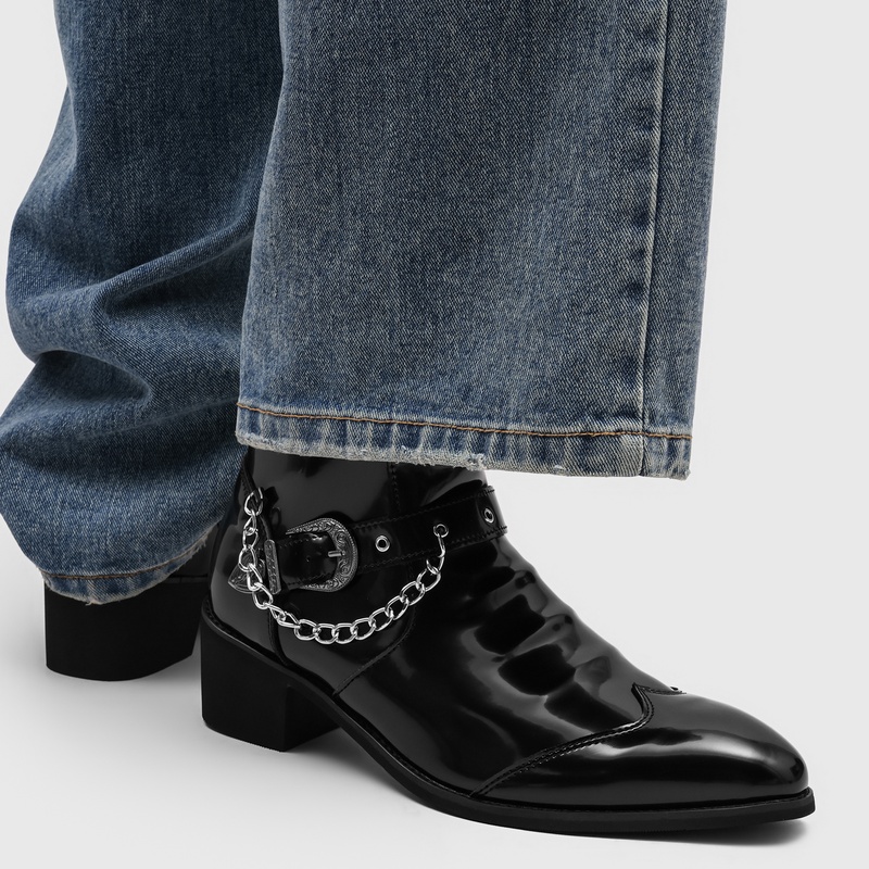 人気のメンズチェーンチェルシーブーツ、バックル装飾、プリーツ - Street Fashion High End のレビューと価格