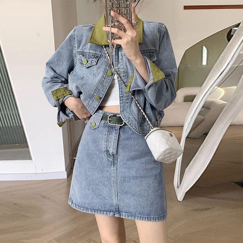 デニムコートミニスカートツーピースセット春秋の女性のファッシ - Street Fashion Jacket のレビューと価格