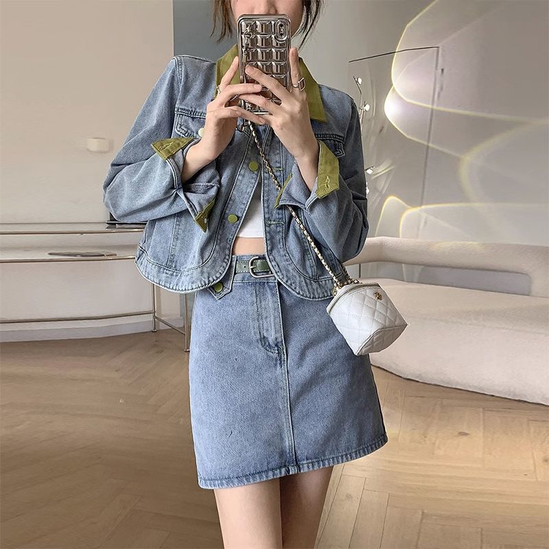 デニムコートミニスカートツーピースセット春秋の女性のファッシ - Street Fashion Jacket のレビューと価格