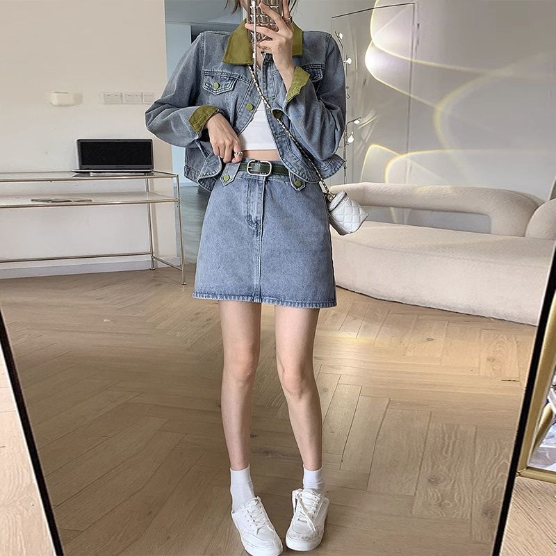 デニムコートミニスカートツーピースセット春秋の女性のファッシ - Street Fashion Jacket のレビューと価格