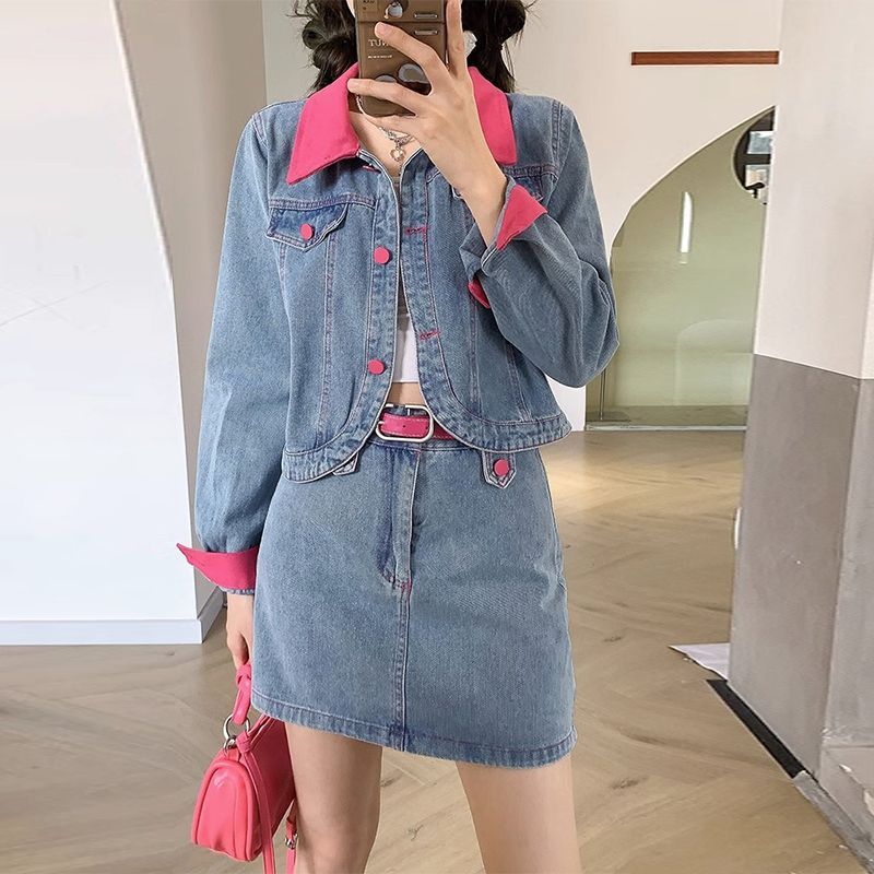 デニムコートミニスカートツーピースセット春秋の女性のファッシ - Street Fashion Jacket のレビューと価格