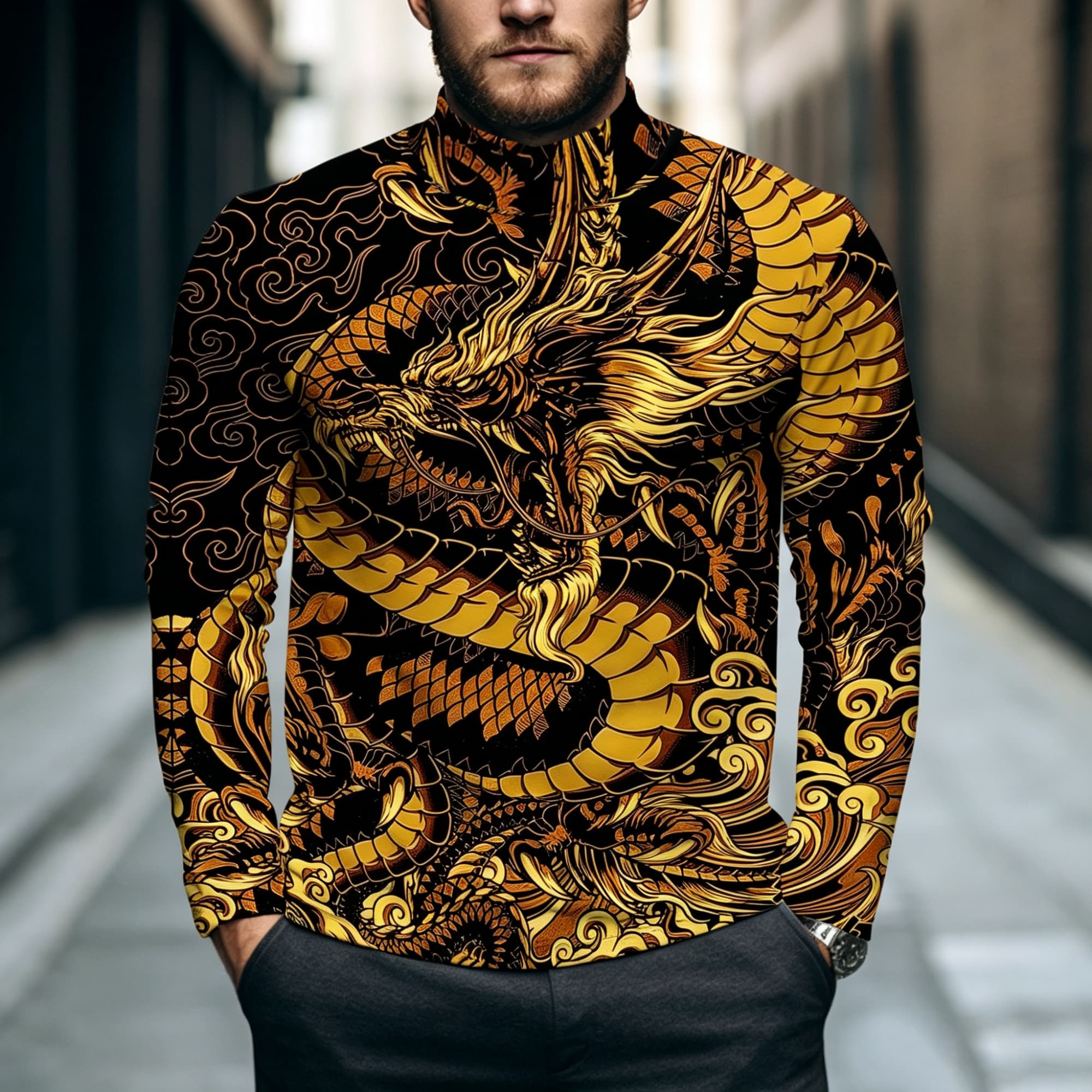 メンズモックネック長袖トップス、大胆なオリエンタル風金龍雲柄 - Street Fashion Asian Men のレビューと価格