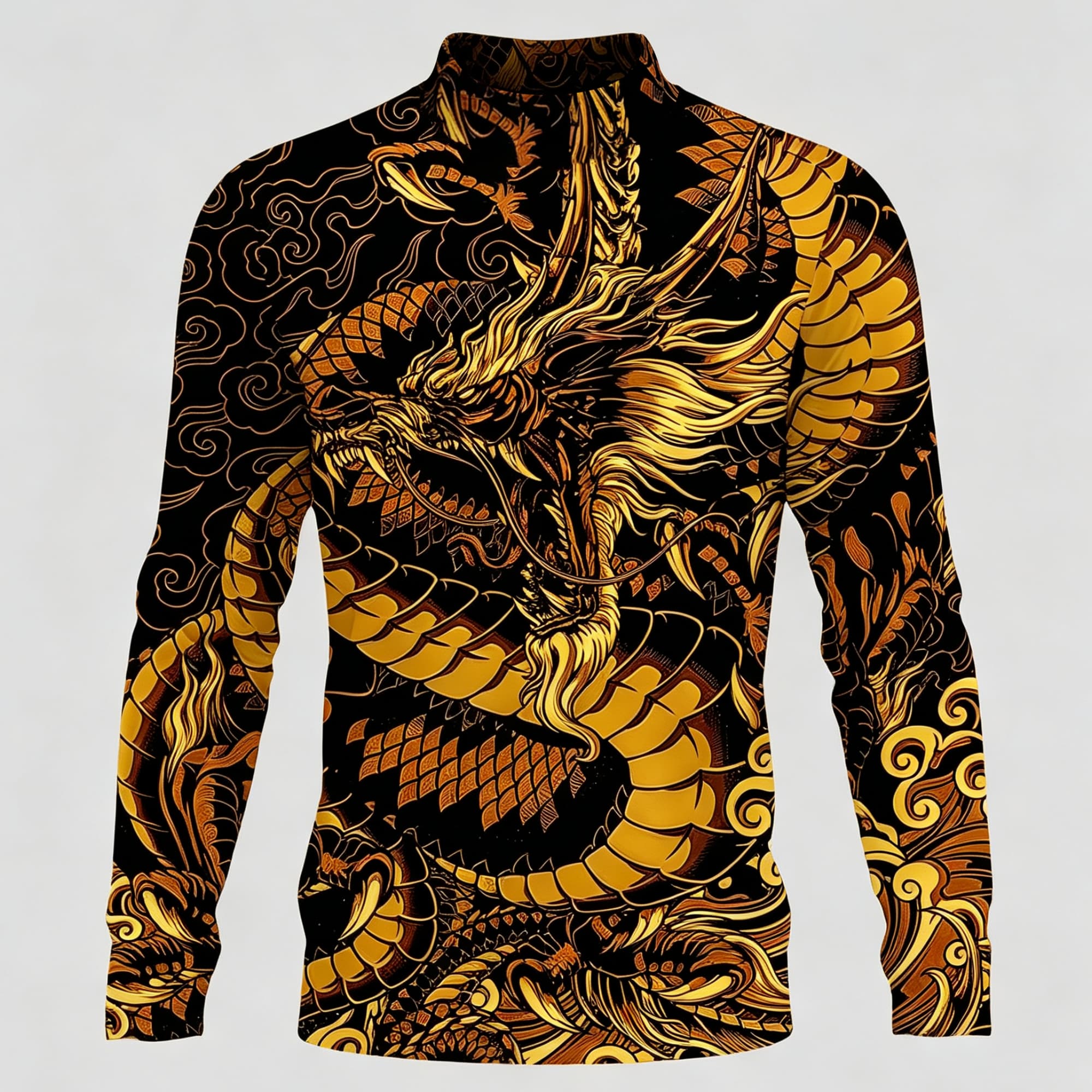 メンズモックネック長袖トップス、大胆なオリエンタル風金龍雲柄 - Street Fashion Asian Men のレビューと価格