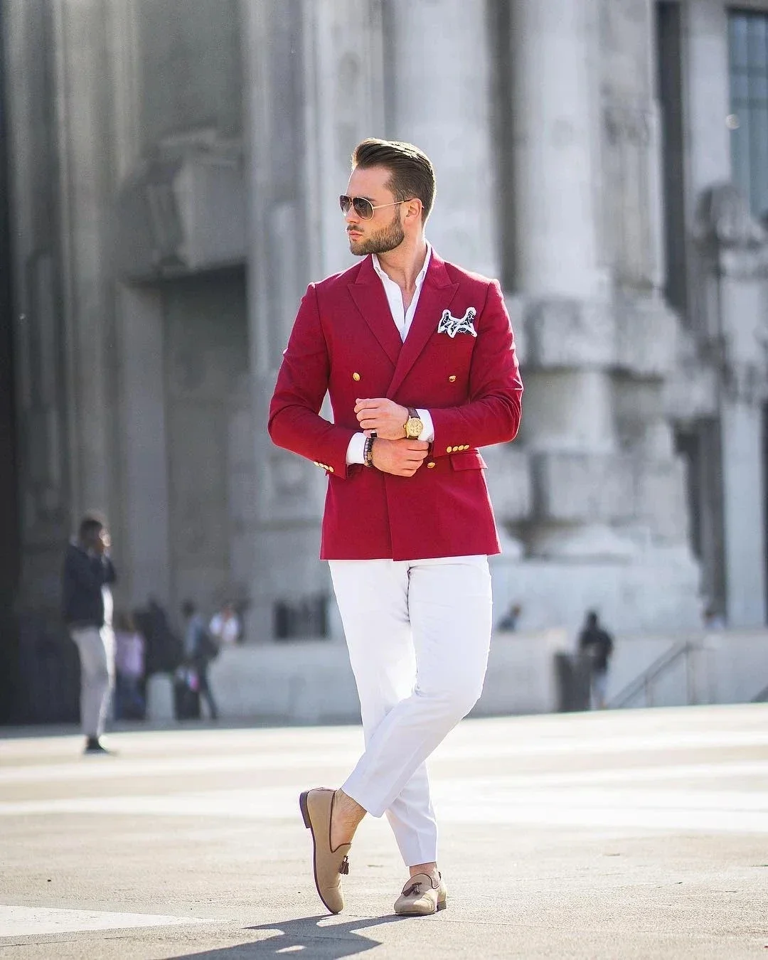 赤いジャケット、白いパンツ、ダブルブレストのファッショナブル - Street Fashion Jacket Men のレビューと価格