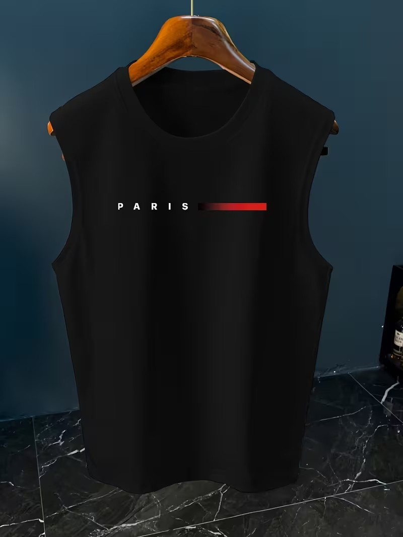 メンズミニマリストパリレタープリントノースリーブタンクトップ - Street Fashion Paris のレビューと価格