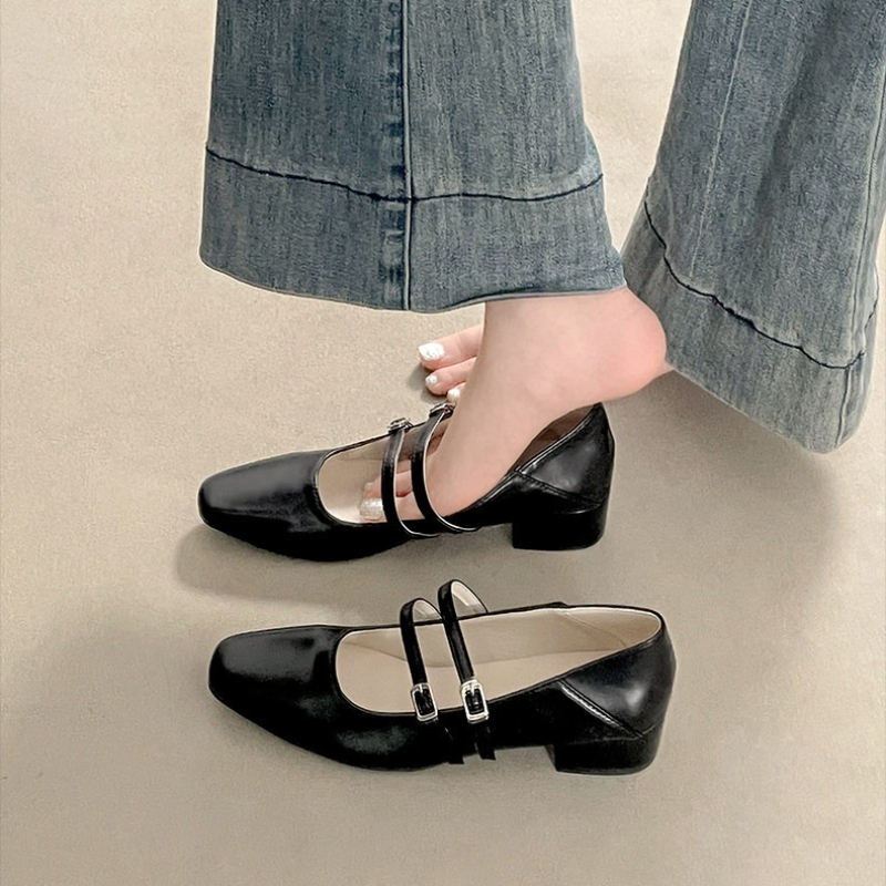 スクエアトゥローヒール女性銀色メリージェーンシューズファッシ - Street Fashion Style のレビューと価格