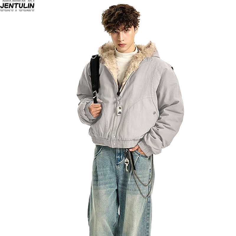 Y2K アメリカ黒レトロウール襟肥厚綿ジャケット男性と女性の - Street Fashion Jacket Men のレビューと価格