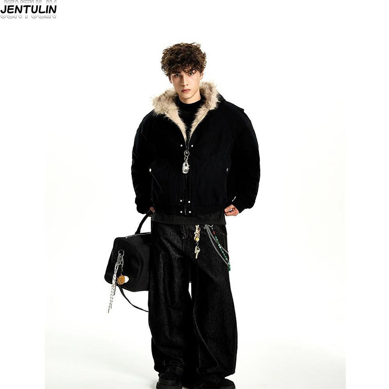 Y2K アメリカ黒レトロウール襟肥厚綿ジャケット男性と女性の - Street Fashion Jacket Men のレビューと価格