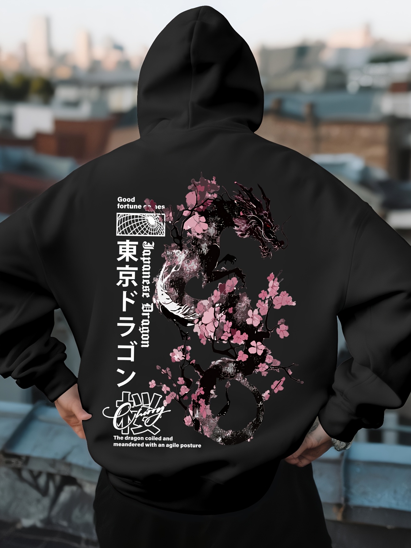 メンズヒップホップスポーツパーカー美的日本龍桜柄プリントレト - Street Fashion Asian Men のレビューと価格