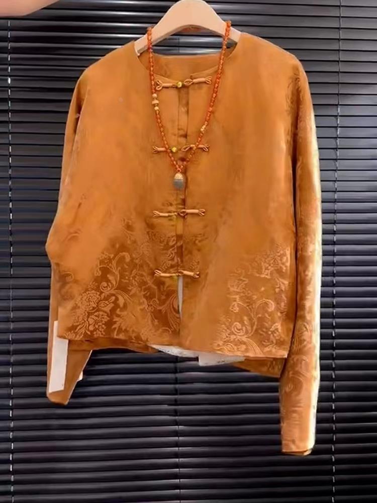 新しいハイエンドサテンオレンジ花柄刺繍ソンジントップ中国風ス - Street Fashion High End のレビューと価格