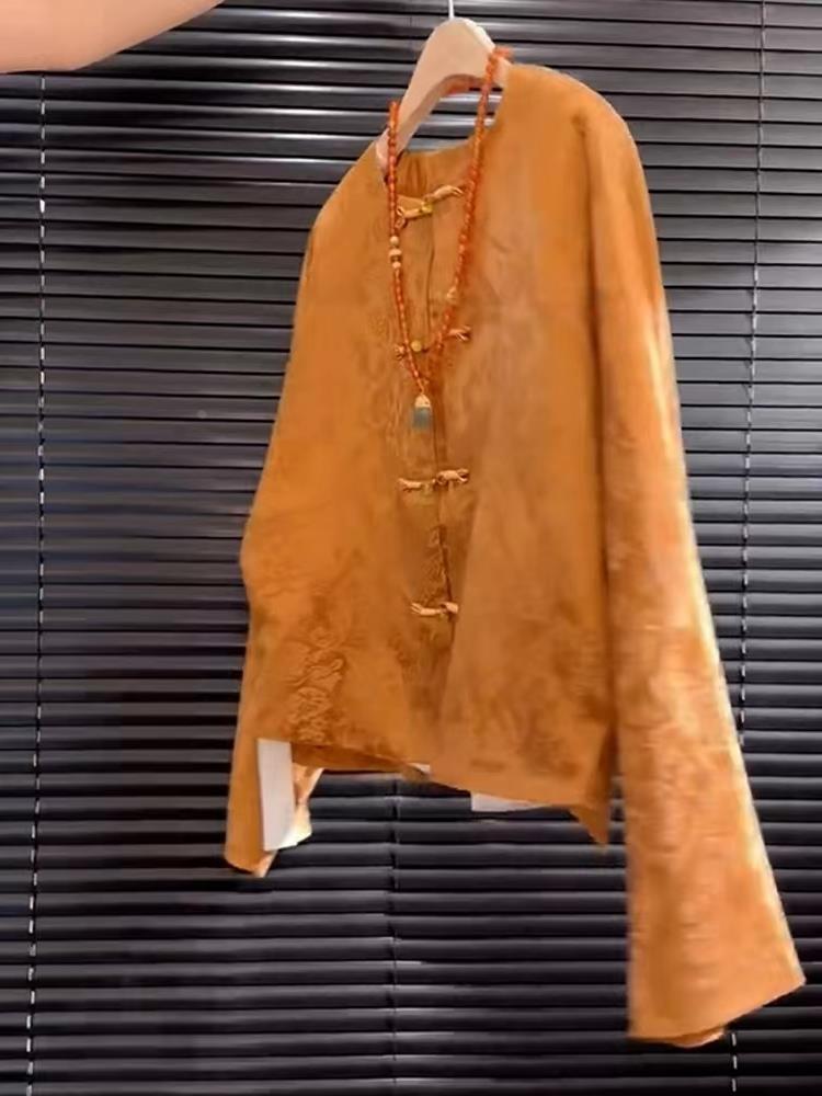 新しいハイエンドサテンオレンジ花柄刺繍ソンジントップ中国風ス - Street Fashion High End のレビューと価格
